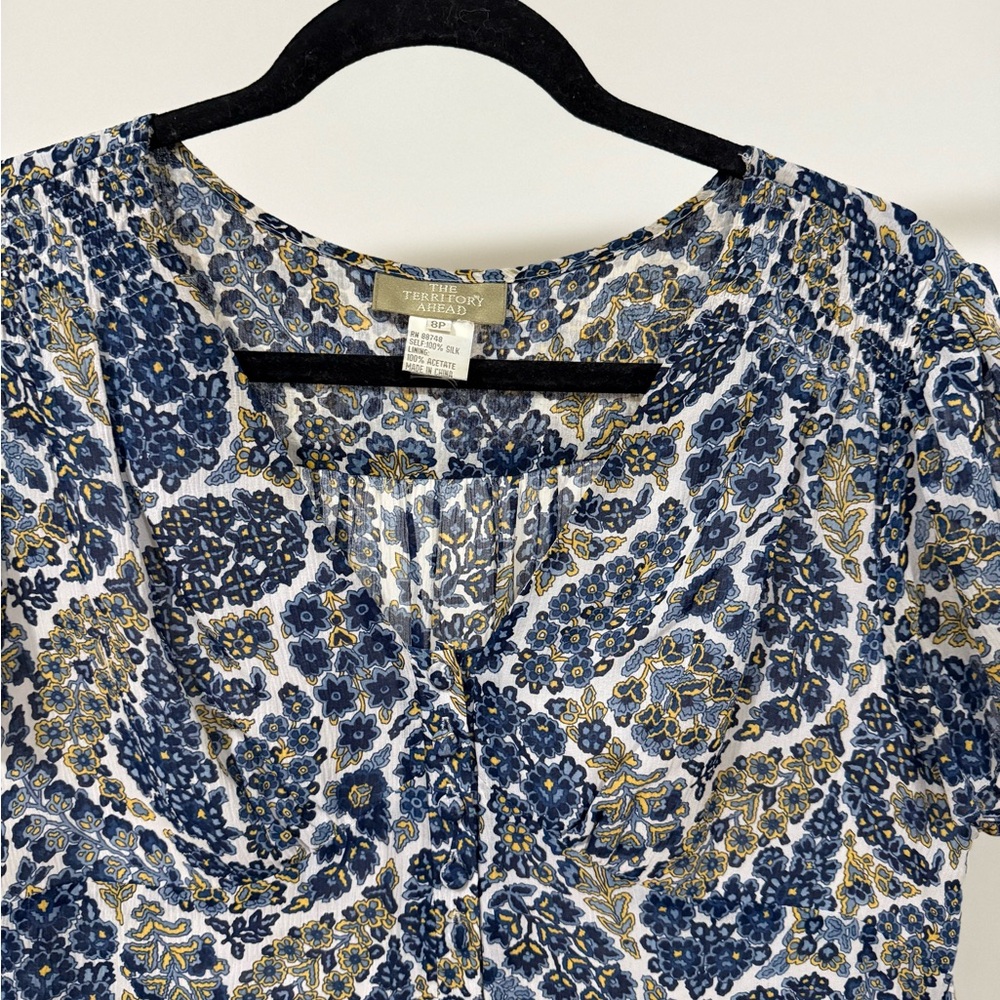 100% SILK The Territory Ahead Blue and Gold Floral Dress